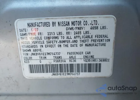 2007 Infiniti G35 Sport W/6-Speed Manual z USA, uszkodzony, nr VIN JNKBV61E27M714737